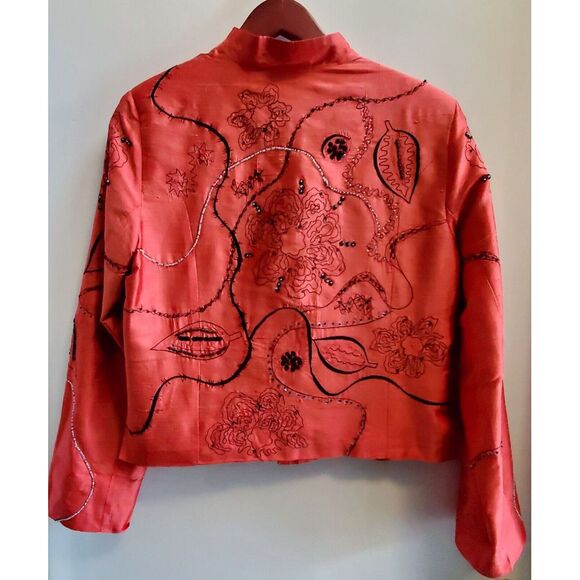 Bleu Bayou Jacket Open Blazer Silk Embroidered MED Art to Wear Coral/Red/Black - Picture 4 of 11